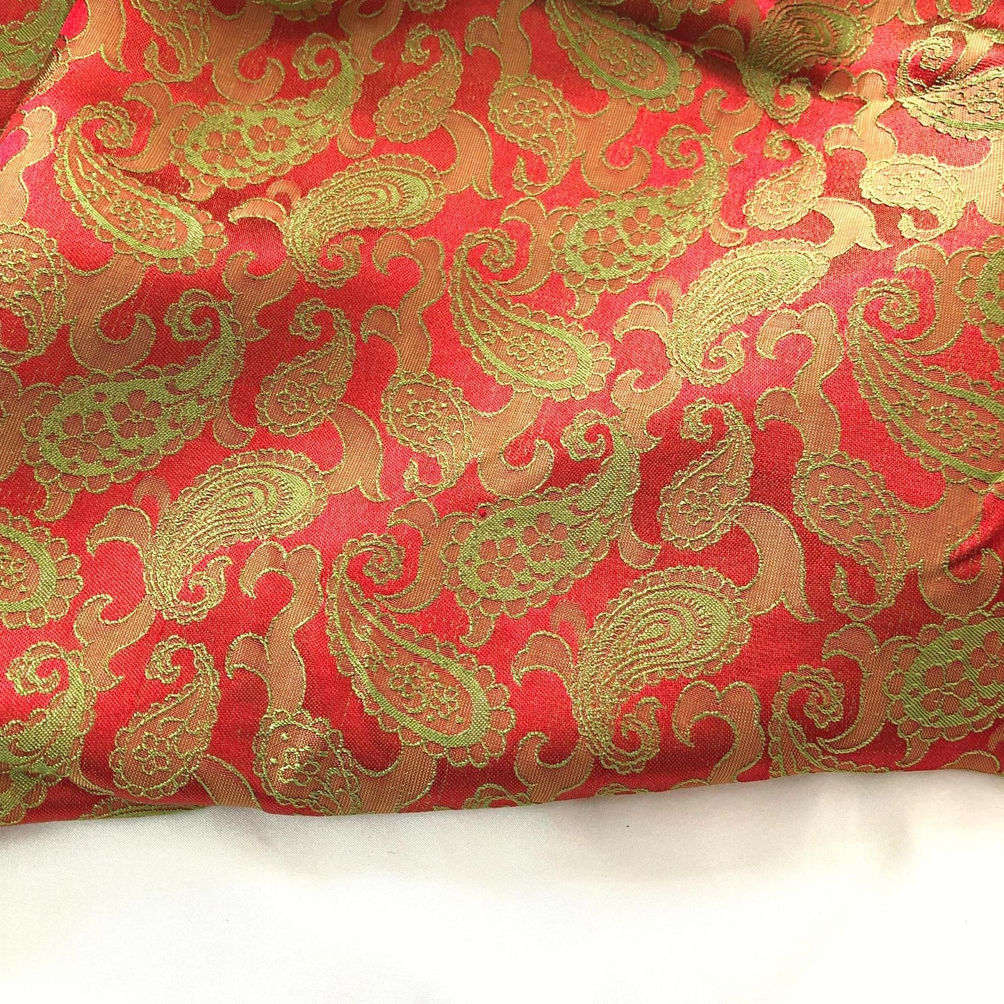 Orange Red fabric with mulberry peacock tails pattern, Pure mulberry silk, Handmade fabric, Organic fiber