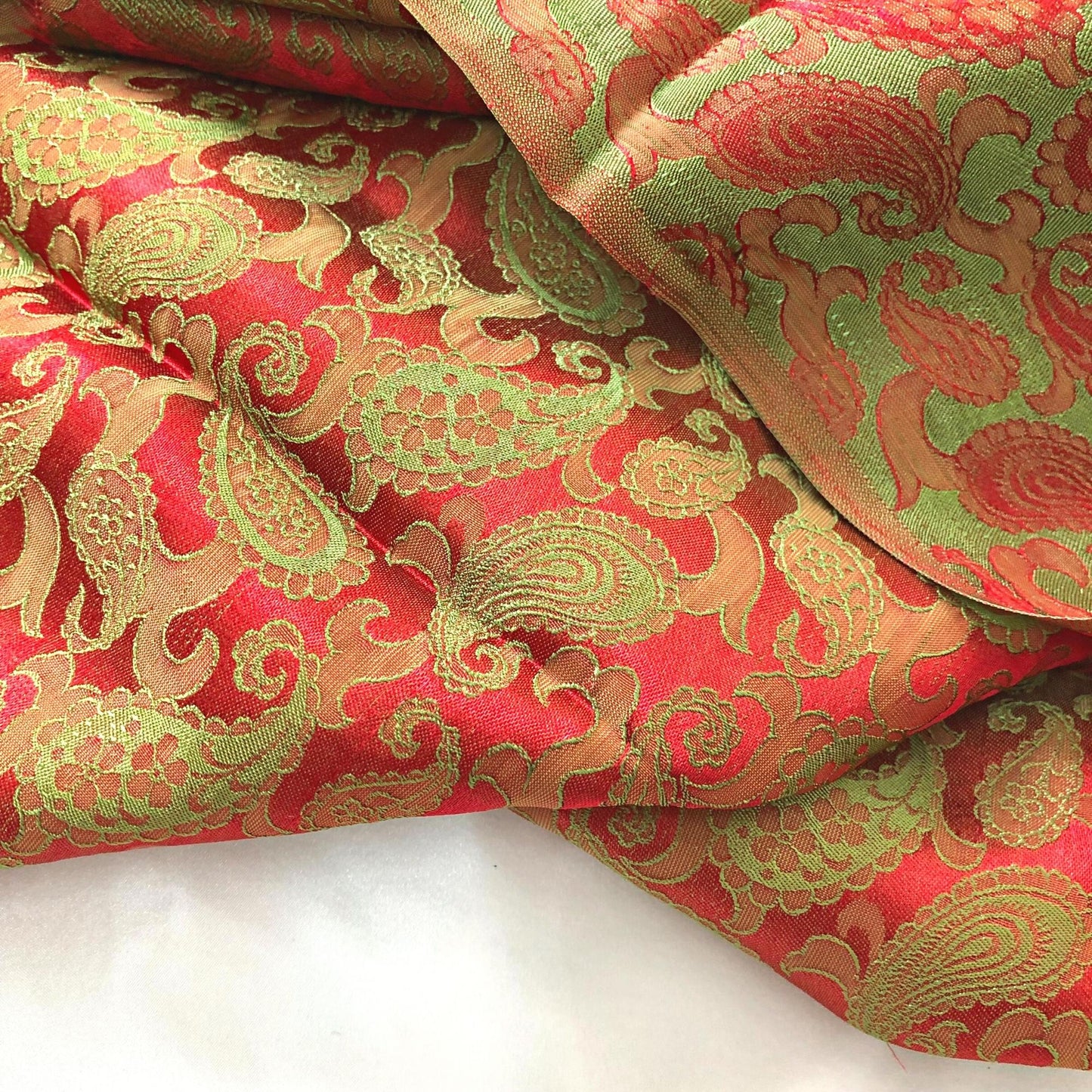 Orange Red fabric with mulberry peacock tails pattern, Pure mulberry silk, Handmade fabric, Organic fiber