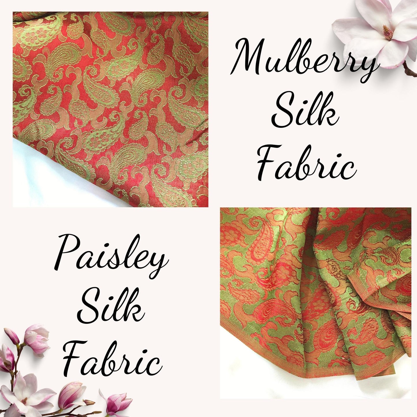 Orange Red fabric with mulberry peacock tails pattern, Pure mulberry silk, Handmade fabric, Organic fiber