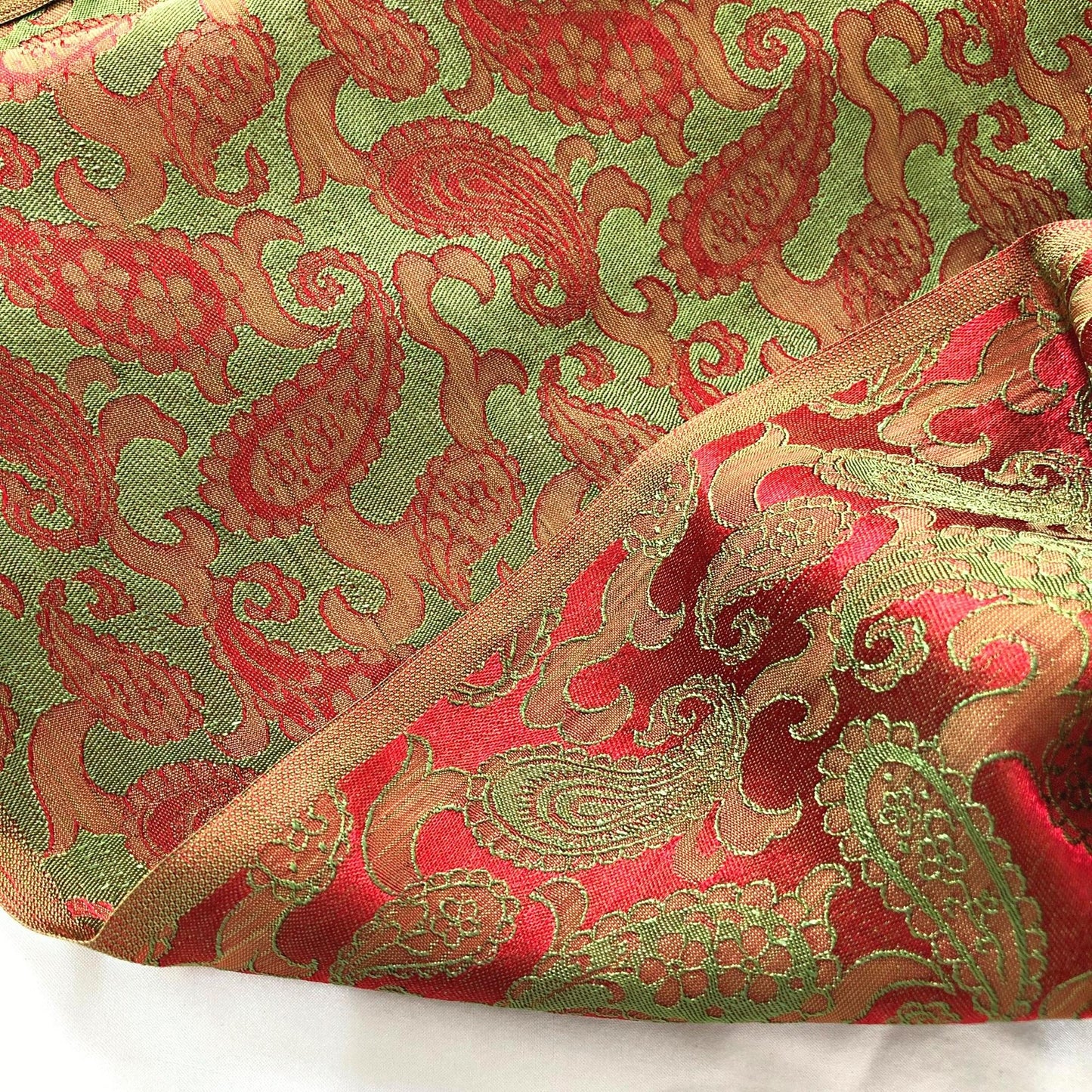 Orange Red fabric with mulberry peacock tails pattern, Pure mulberry silk, Handmade fabric, Organic fiber