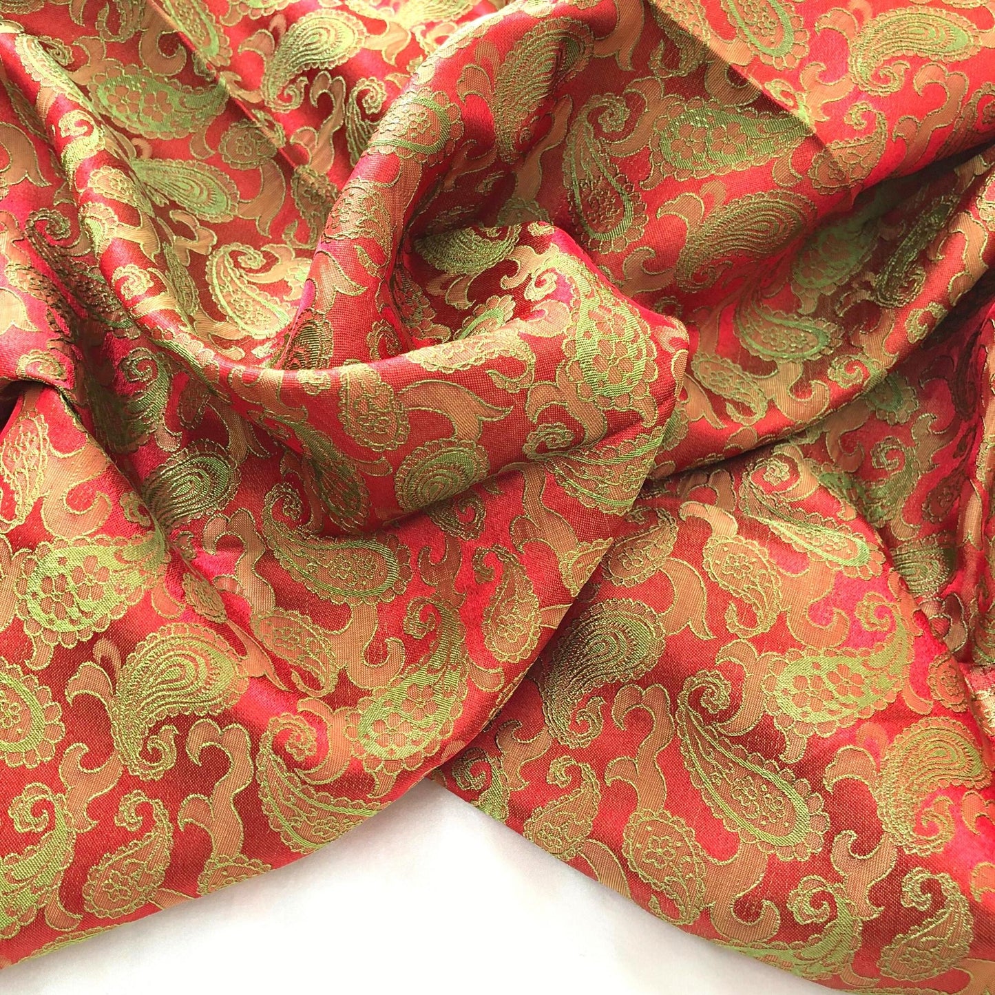 Orange Red fabric with mulberry peacock tails pattern, Pure mulberry silk, Handmade fabric, Organic fiber