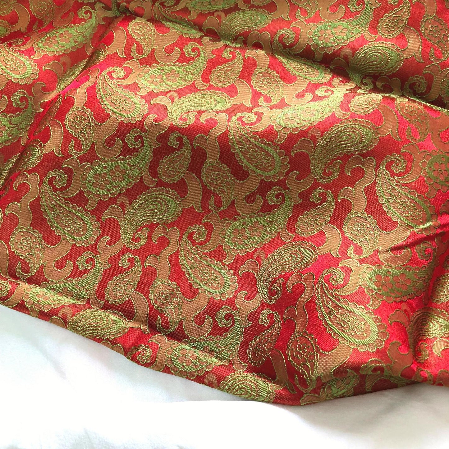 Orange Red fabric with mulberry peacock tails pattern, Pure mulberry silk, Handmade fabric, Organic fiber