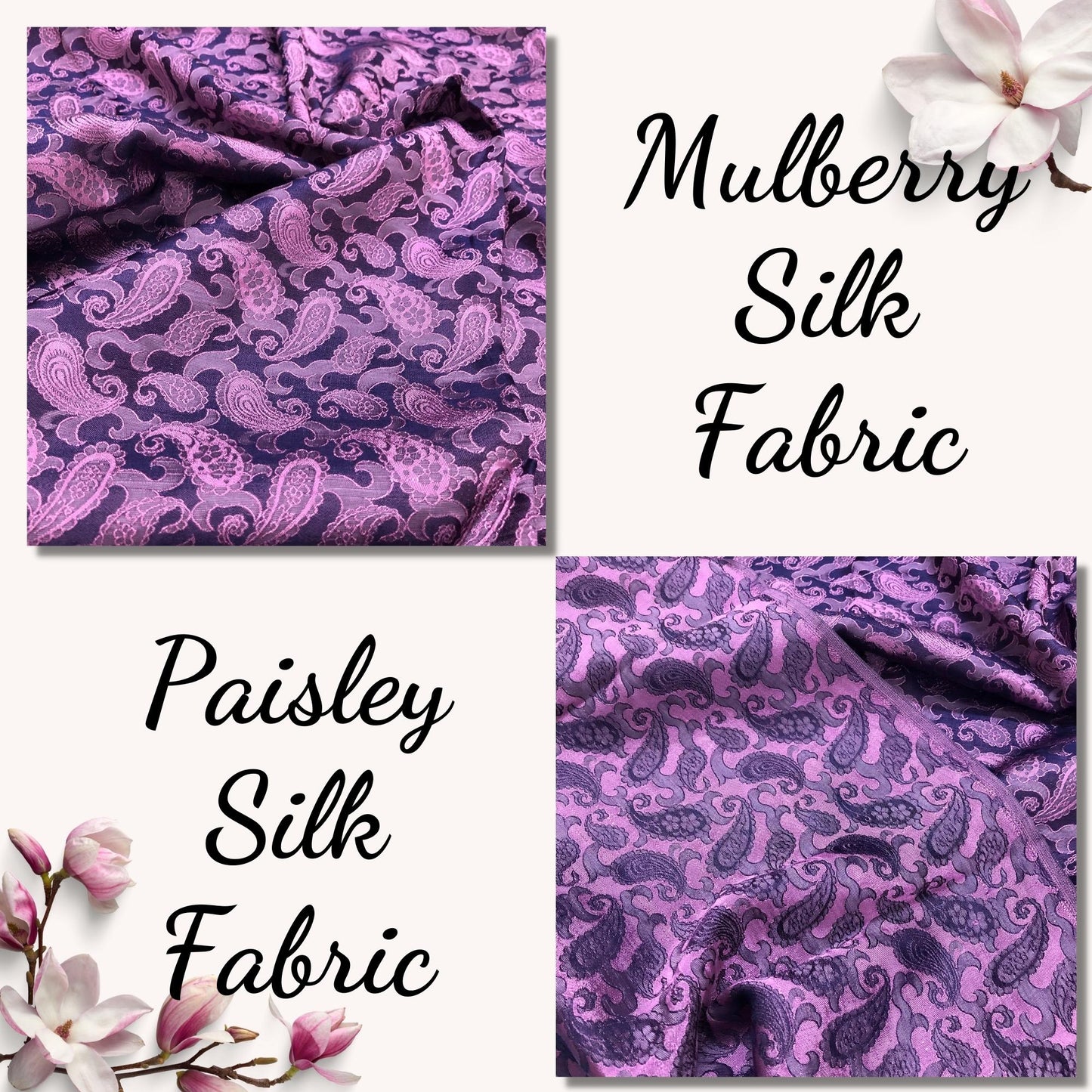 Gray purple fabric with mulberry peacock tails pattern, Pure mulberry silk, Handmade fabric, Organic fiber