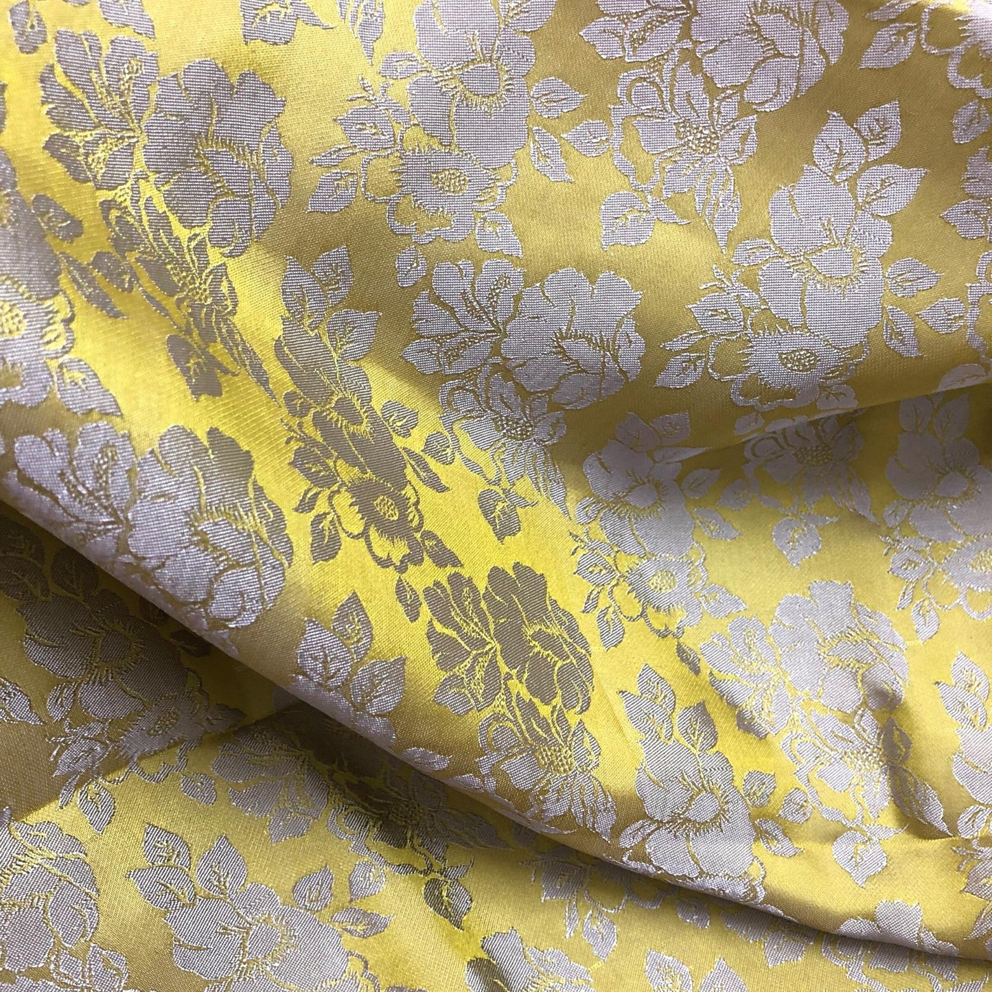 Lemon Yellow silk with rose flower pattern fabric, Pure mulberry silk, Handmade fabric, Organic fiber, Vintage textile, Gift for women