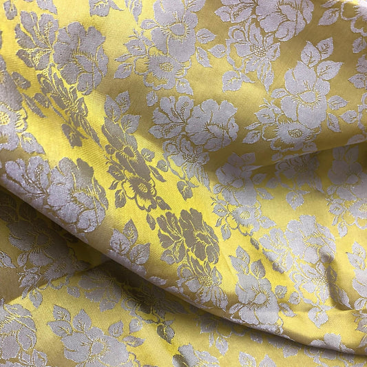 Lemon Yellow silk with rose flower pattern fabric, Pure mulberry silk, Handmade fabric, Organic fiber, Vintage textile, Gift for women