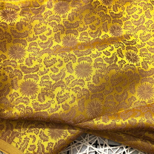 Gold silk fabric with mulberry brown chrysanthemum pattern, Pure mulberry silk, Handmade fabric, Organic fiber, Vintage textile