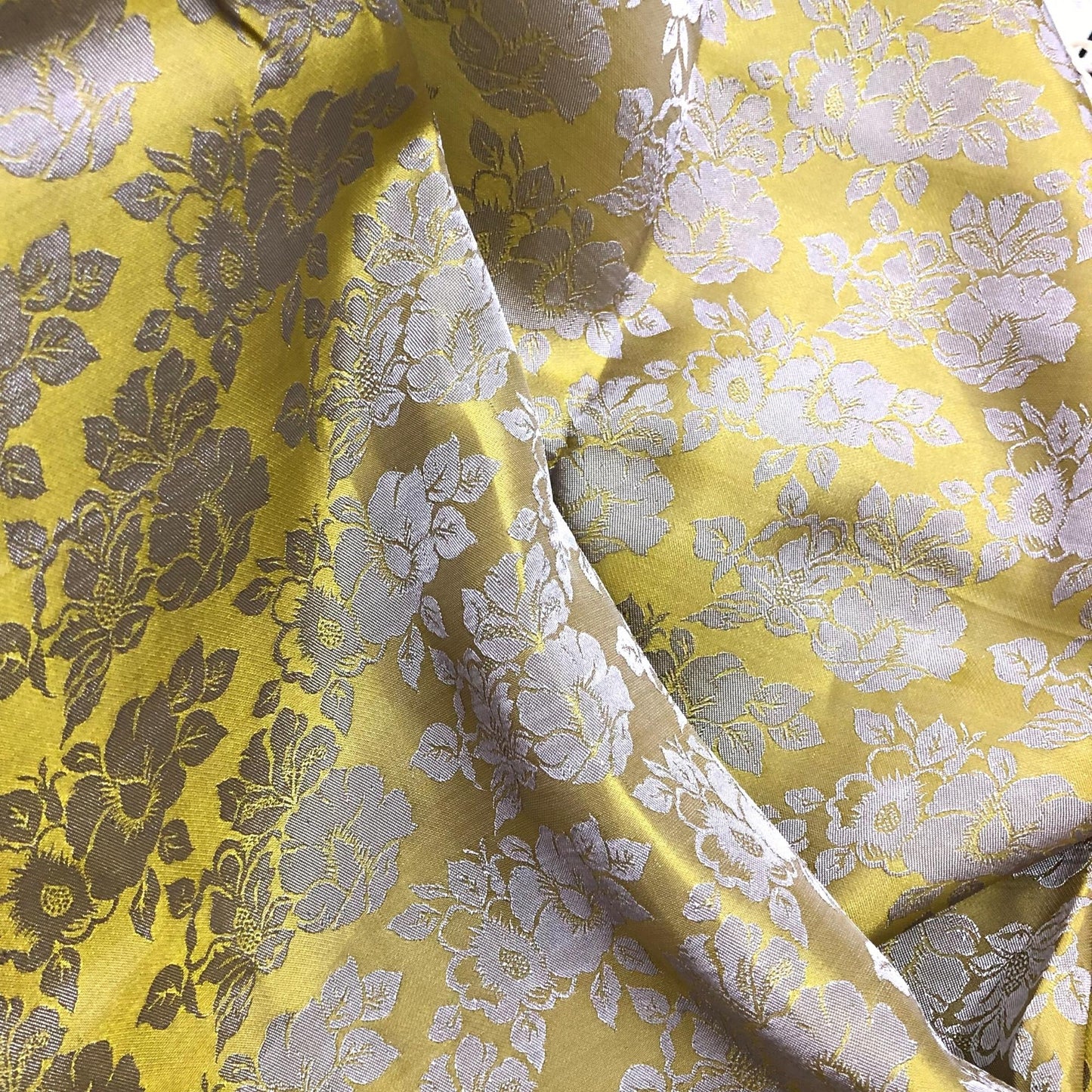 Lemon Yellow silk with rose flower pattern fabric, Pure mulberry silk, Handmade fabric, Organic fiber, Vintage textile, Gift for women