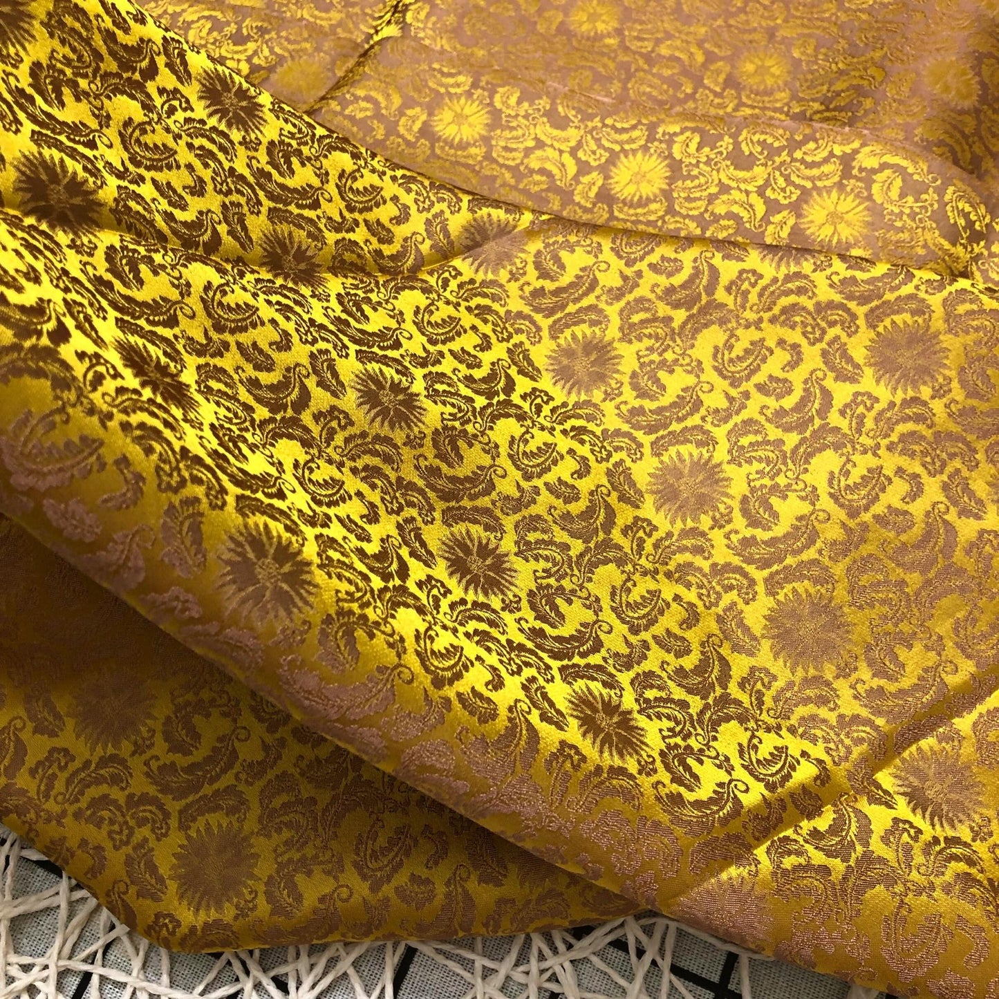 Gold silk fabric with mulberry brown chrysanthemum pattern, Pure mulberry silk, Handmade fabric, Organic fiber, Vintage textile