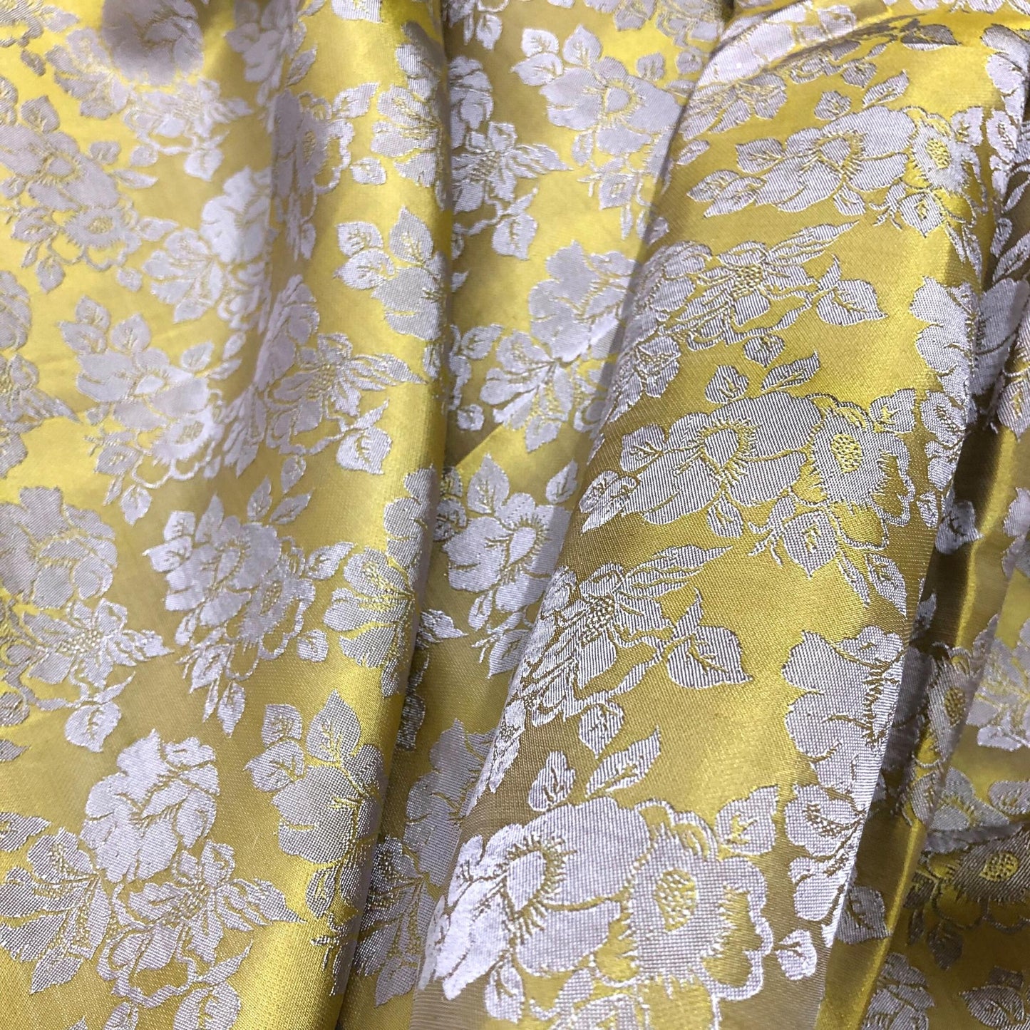 Lemon Yellow silk with rose flower pattern fabric, Pure mulberry silk, Handmade fabric, Organic fiber, Vintage textile, Gift for women