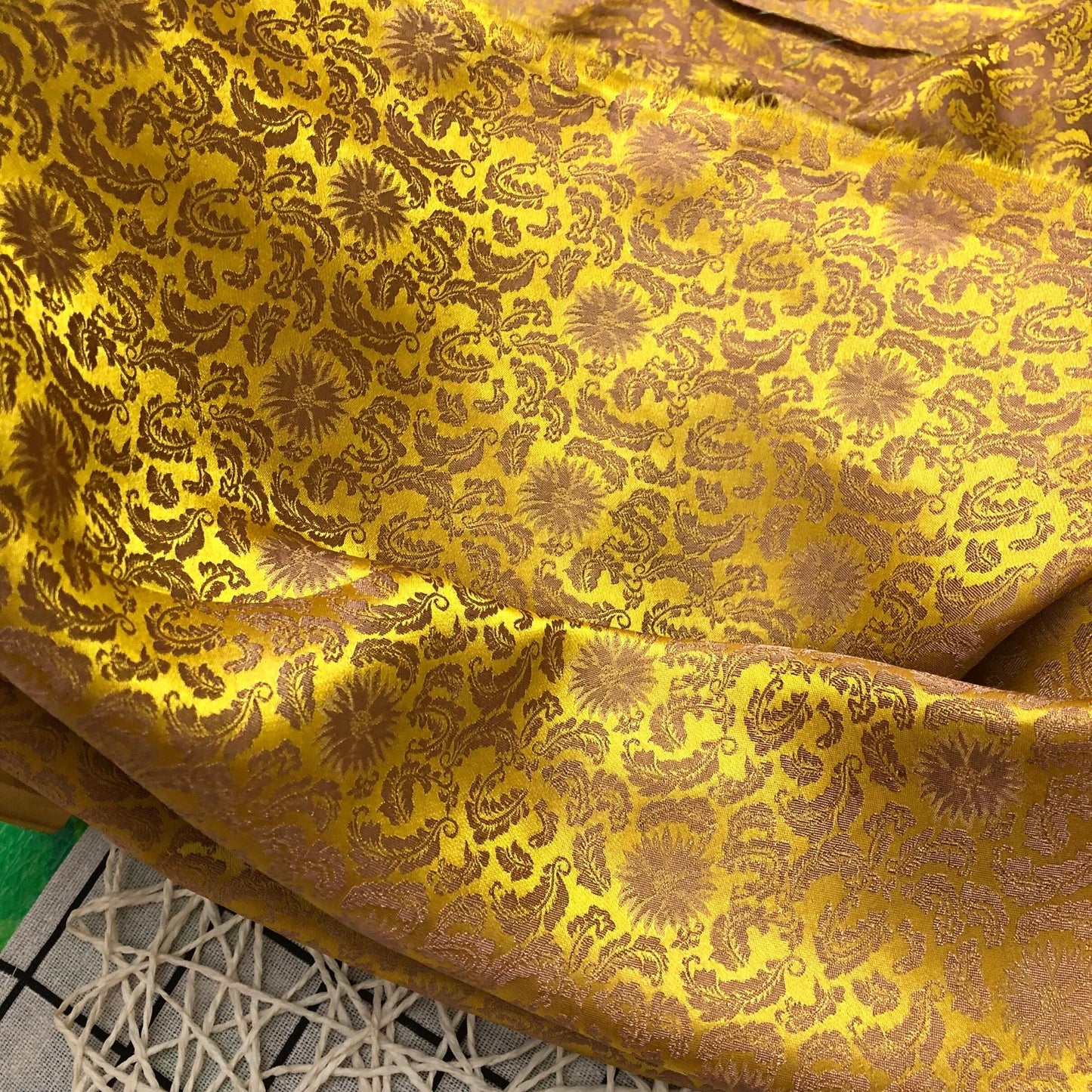 Gold silk fabric with mulberry brown chrysanthemum pattern, Pure mulberry silk, Handmade fabric, Organic fiber, Vintage textile