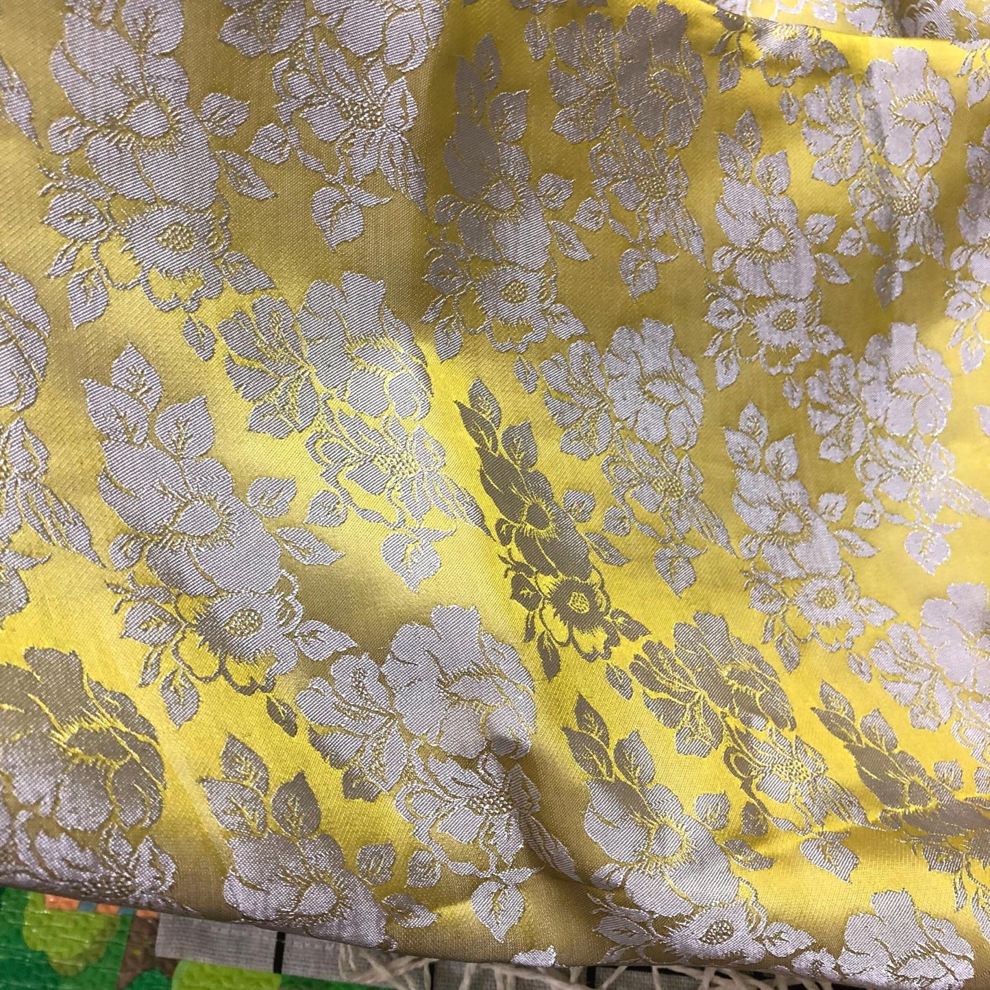 Lemon Yellow silk with rose flower pattern fabric, Pure mulberry silk, Handmade fabric, Organic fiber, Vintage textile, Gift for women