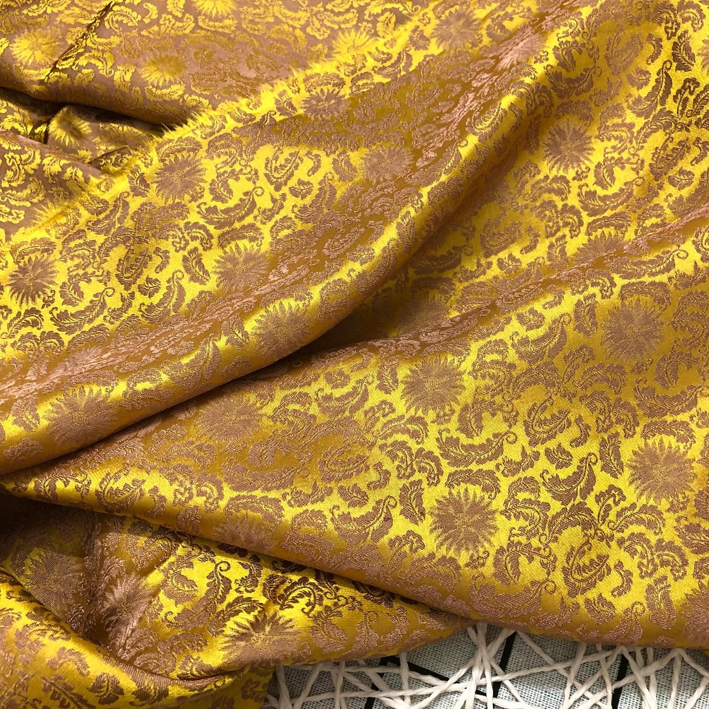 Gold silk fabric with mulberry brown chrysanthemum pattern, Pure mulberry silk, Handmade fabric, Organic fiber, Vintage textile