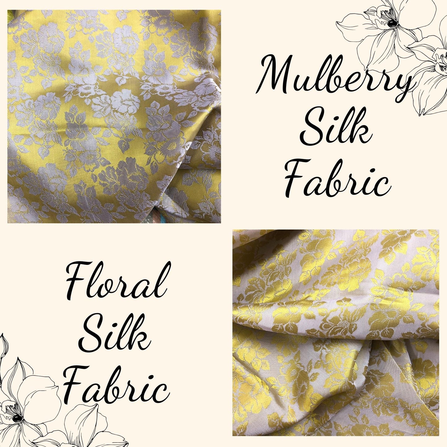 Lemon Yellow silk with rose flower pattern fabric, Pure mulberry silk, Handmade fabric, Organic fiber, Vintage textile, Gift for women