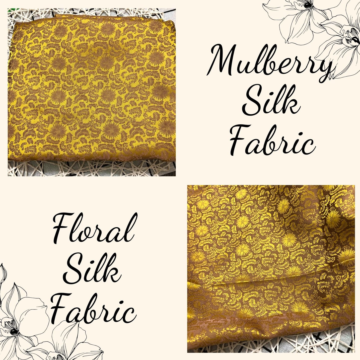 Gold silk fabric with mulberry brown chrysanthemum pattern, Pure mulberry silk, Handmade fabric, Organic fiber, Vintage textile