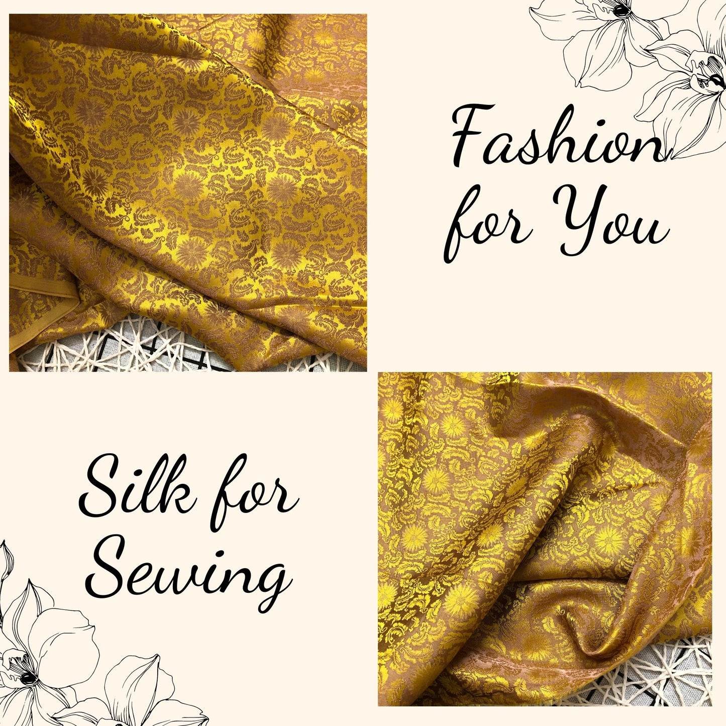 Gold silk fabric with mulberry brown chrysanthemum pattern, Pure mulberry silk, Handmade fabric, Organic fiber, Vintage textile