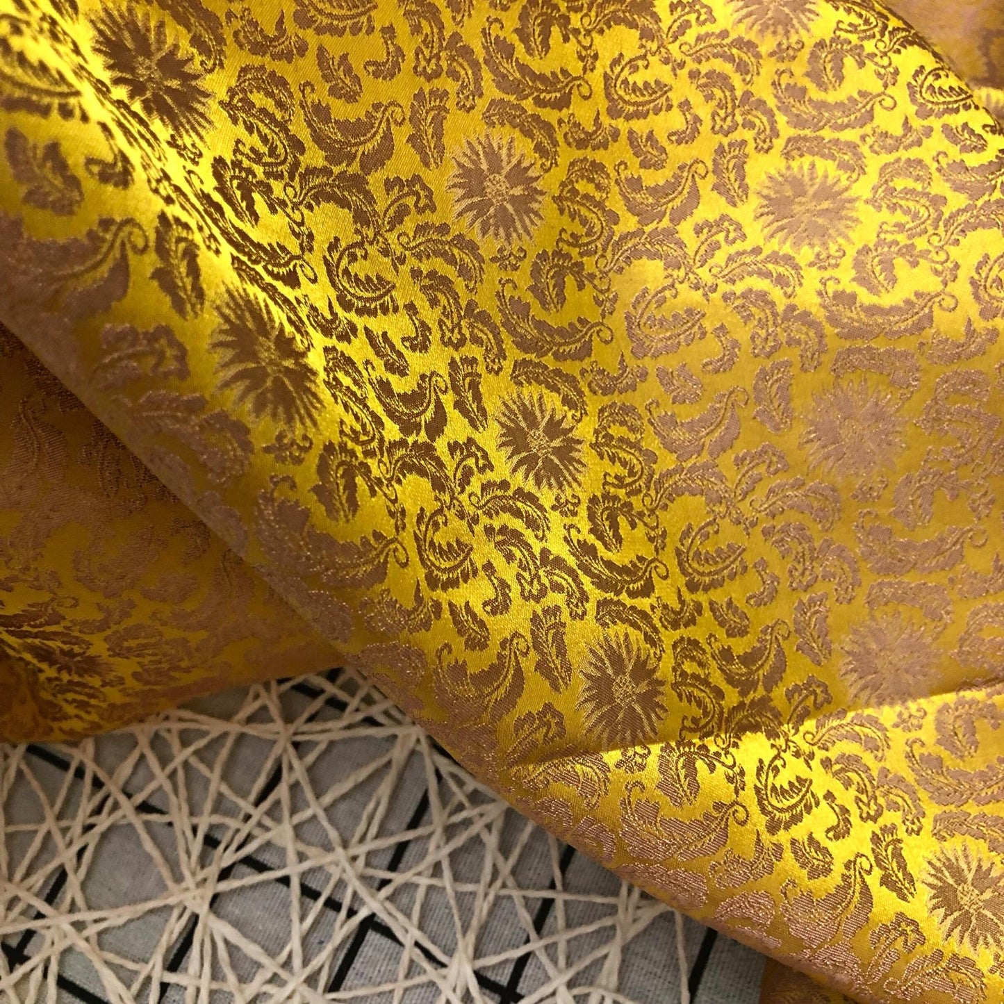 Gold silk fabric with mulberry brown chrysanthemum pattern, Pure mulberry silk, Handmade fabric, Organic fiber, Vintage textile
