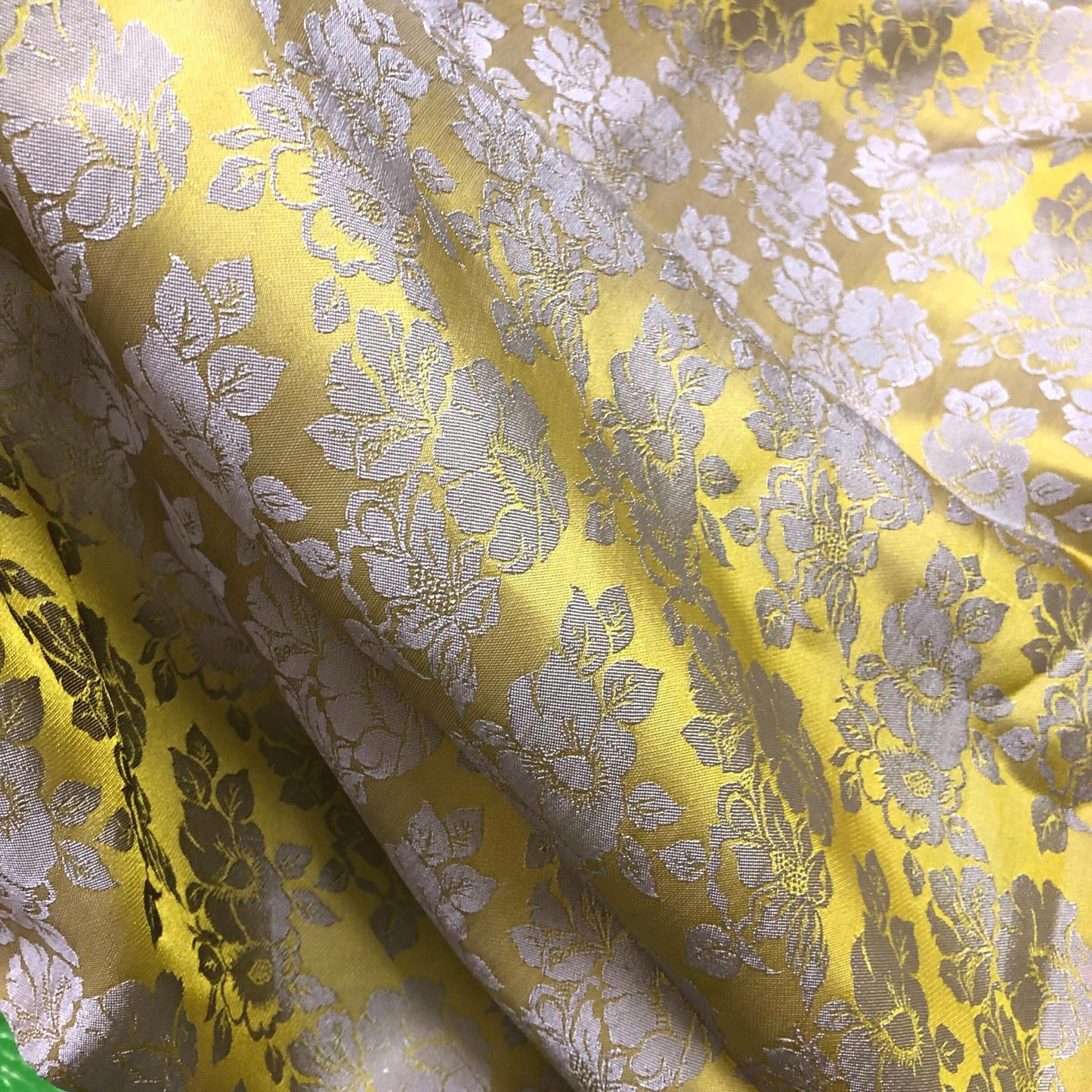 Lemon Yellow silk with rose flower pattern fabric, Pure mulberry silk, Handmade fabric, Organic fiber, Vintage textile, Gift for women