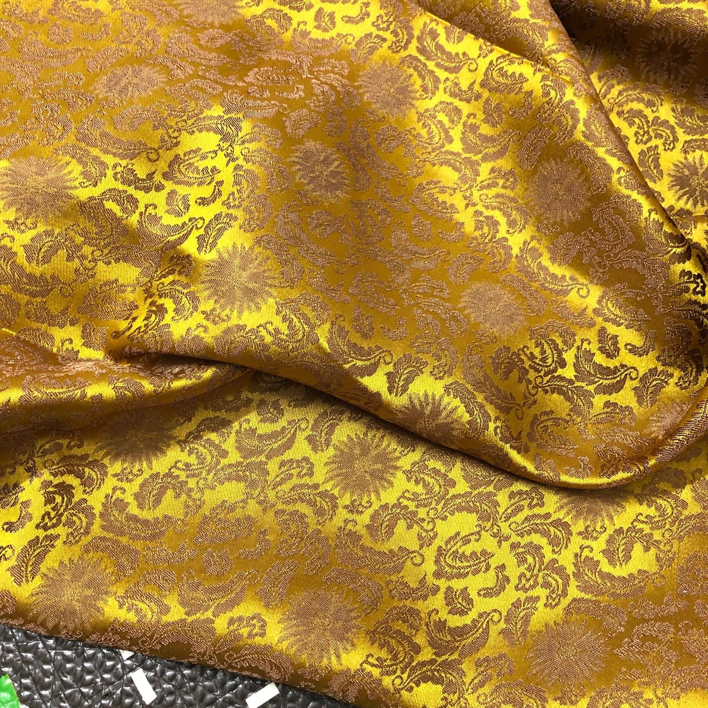 Gold silk fabric with mulberry brown chrysanthemum pattern, Pure mulberry silk, Handmade fabric, Organic fiber, Vintage textile