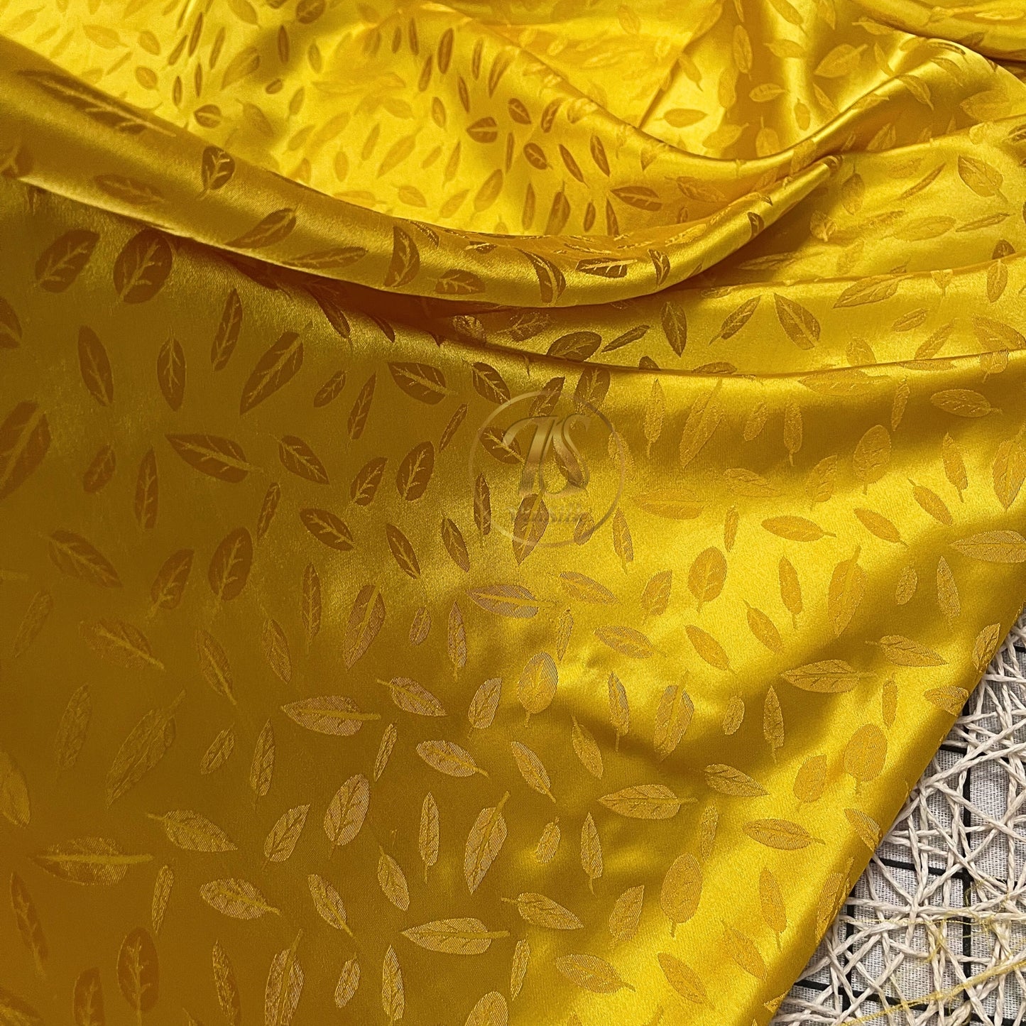 Bronze gold silk fabric with mulberry white leaves pattern, Pure mulberry silk, Handmade fabric, Organic fiber, Vintage textile
