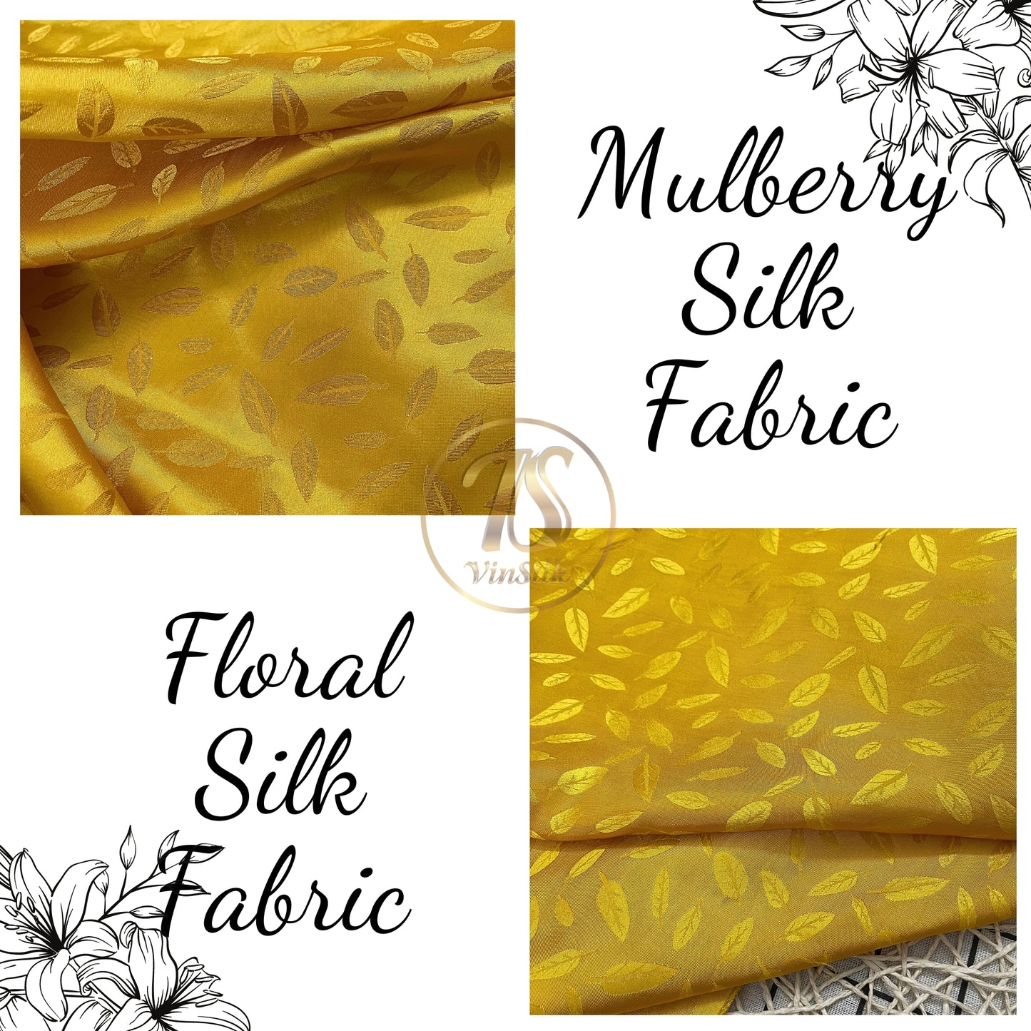 Bronze gold silk fabric with mulberry white leaves pattern, Pure mulberry silk, Handmade fabric, Organic fiber, Vintage textile