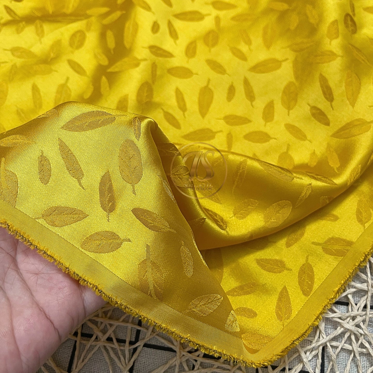 Bronze gold silk fabric with mulberry white leaves pattern, Pure mulberry silk, Handmade fabric, Organic fiber, Vintage textile