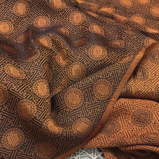 Yellow brown silk with chiness seal pattern, Floral silk fabric, Pure mulberry silk, Handmade fabric, Organic fiber