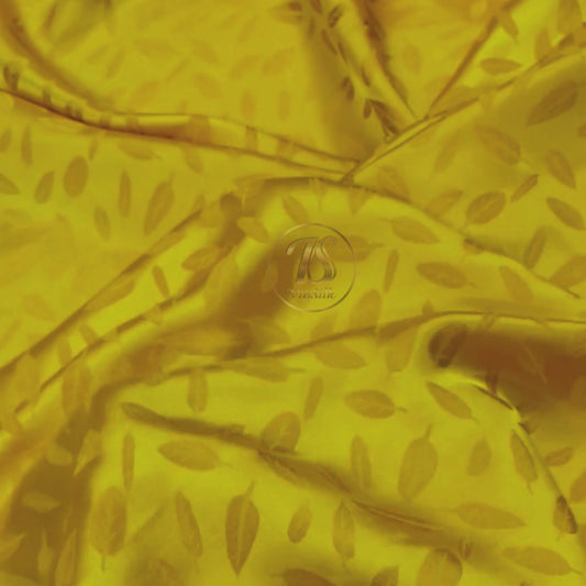 Bronze gold silk fabric with mulberry white leaves pattern, Pure mulberry silk, Handmade fabric, Organic fiber, Vintage textile