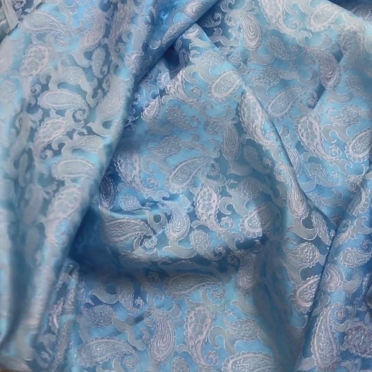 Light Blue fabric with mulberry white peacock tails pattern, Pure mulberry silk, Handmade fabric, Organic fiber