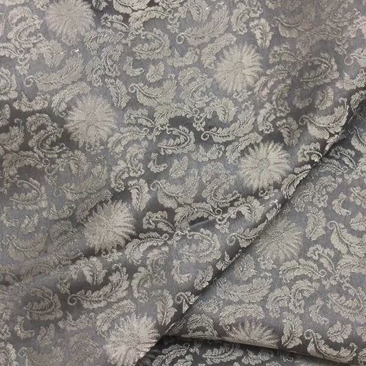 Gray silk fabric with mulberry white chrysanthemum pattern, Pure mulberry silk, Handmade fabric, Organic fiber, Vintage textile